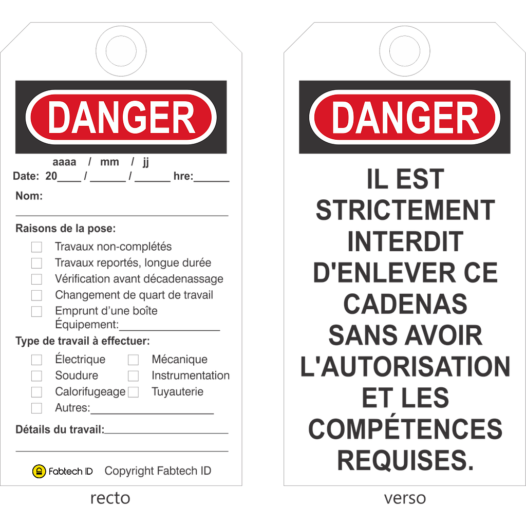 Étiquette de Contrôle -DANGER en styrène avec trou 3/8'' (pqt de 25)